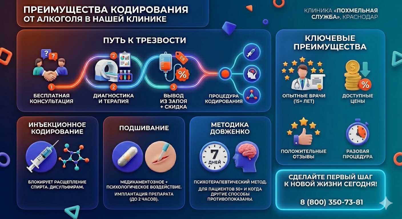 Инфографика о методах кодирования от алкоголя в Вельске: инъекции, подшивание, метод Довженко. Преимущества клиники и этапы лечения.